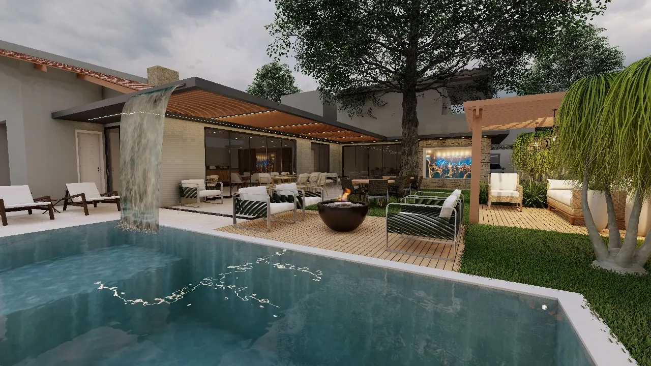 Projeto de área de lazer com piscina e cascata em Campo Grande, MS