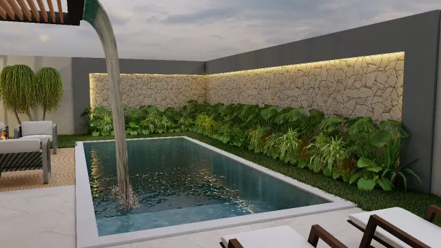 Projeto sofisticado de piscina com cascata, iluminação e paisagismo da JA Prime